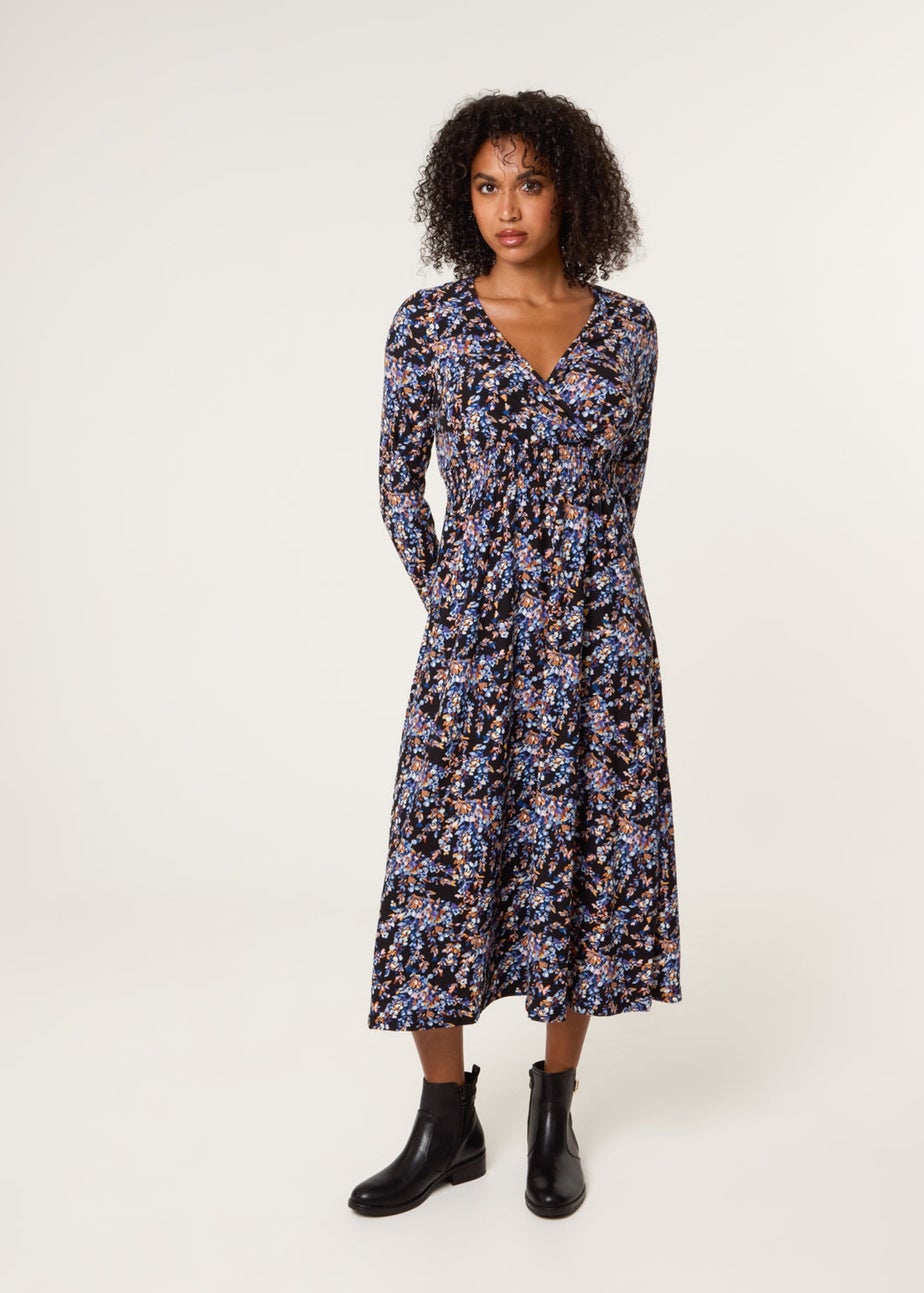 Blue Vanilla Black Floral V Neck Wrap Long Sleeve Midi Dress