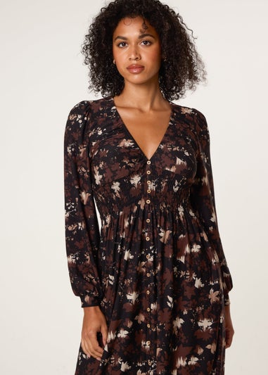 Blue Vanilla Brown Button Front Midi Dress