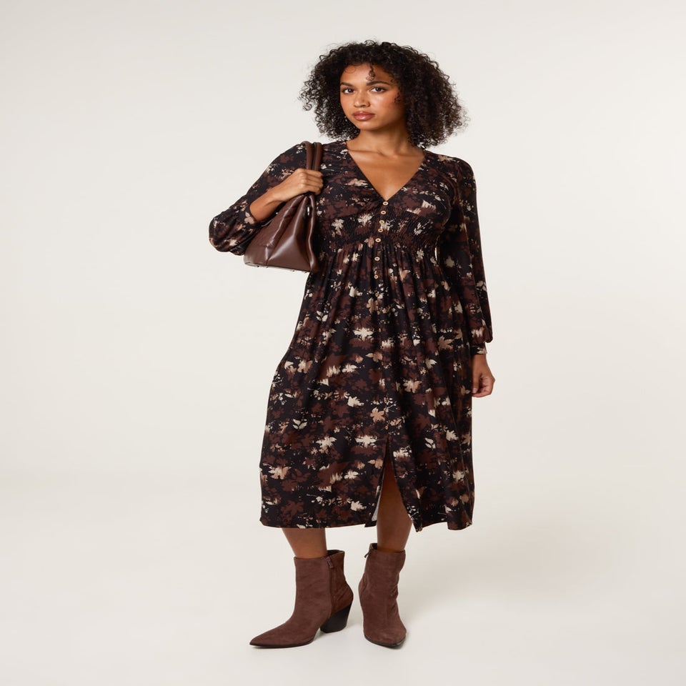 Blue Vanilla Brown Button Front Midi Dress