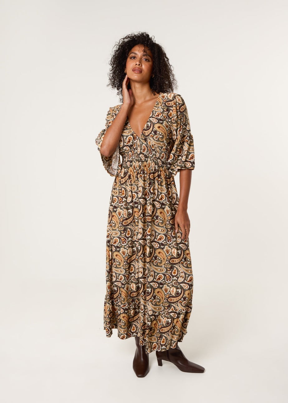 Blue Vanilla Khaki V Neck Midi Dress