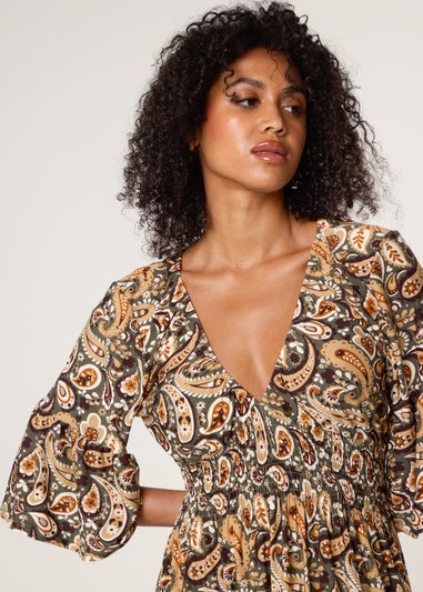 Blue Vanilla Khaki V Neck Midi Dress