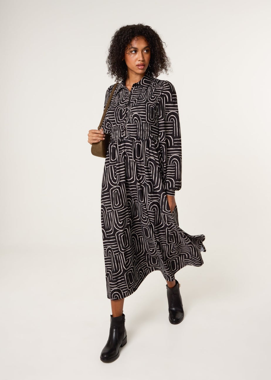 Blue Vanilla Black Shirred Bust Long Sleeve Midi Dress