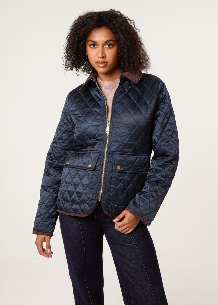 Blue Vanilla Navy Diamond Quilted Cord Collar Coat