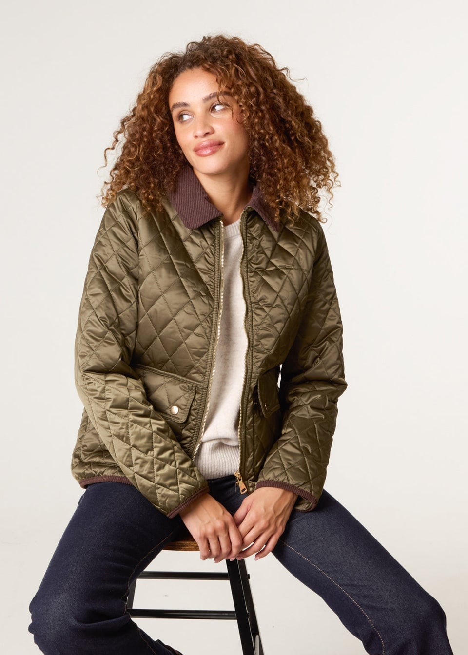 Blue Vanilla Khaki Diamond Quilted Cord Collar Coat