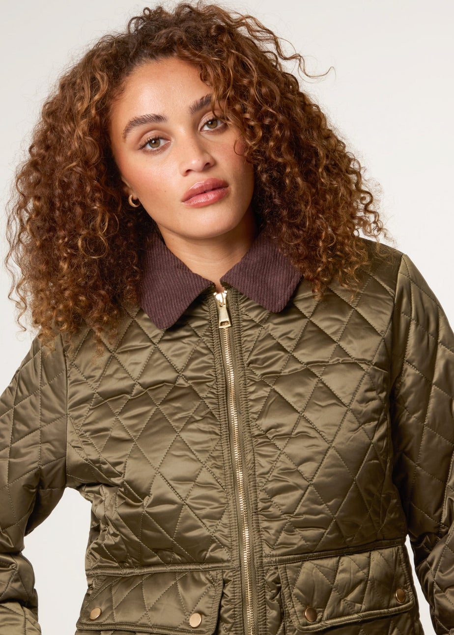 Blue Vanilla Khaki Diamond Quilted Cord Collar Coat