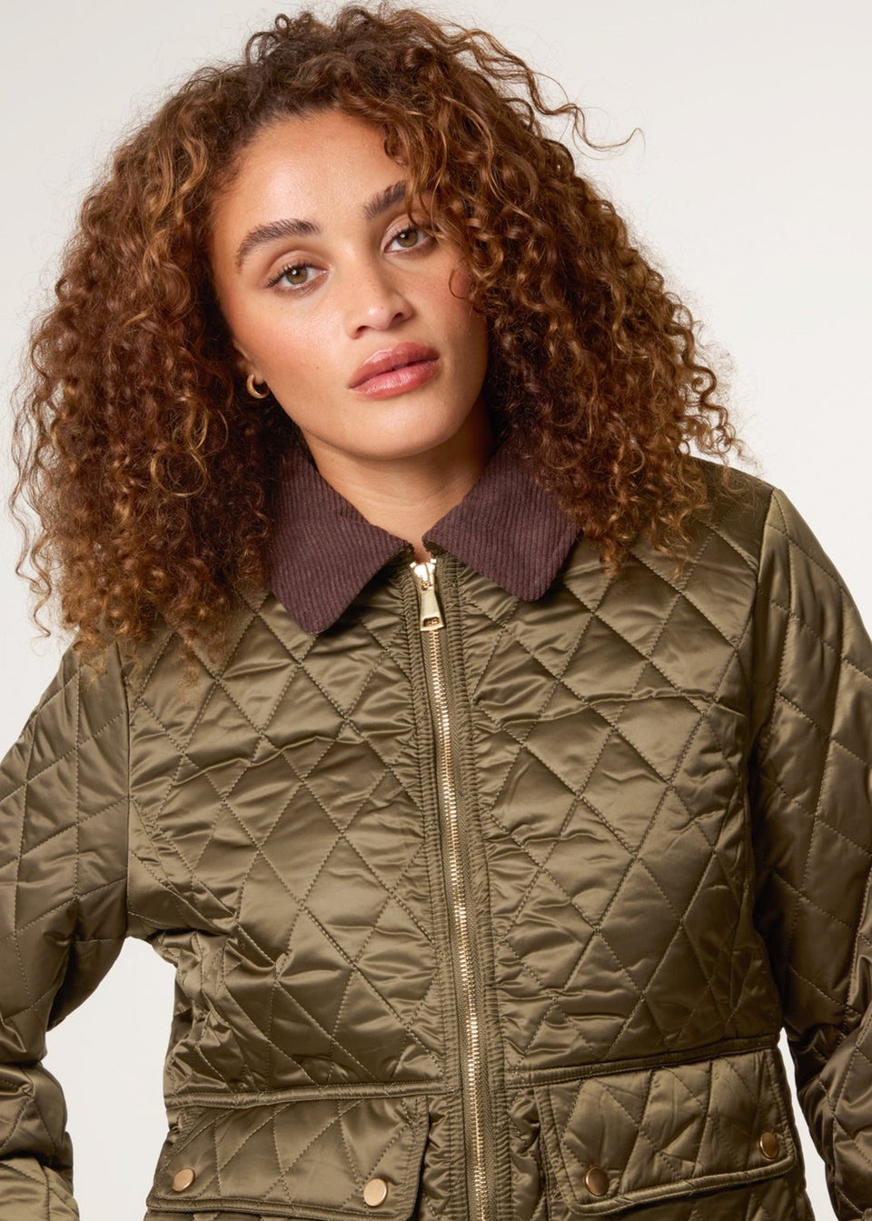 Blue Vanilla Khaki Diamond Quilted Cord Collar Coat
