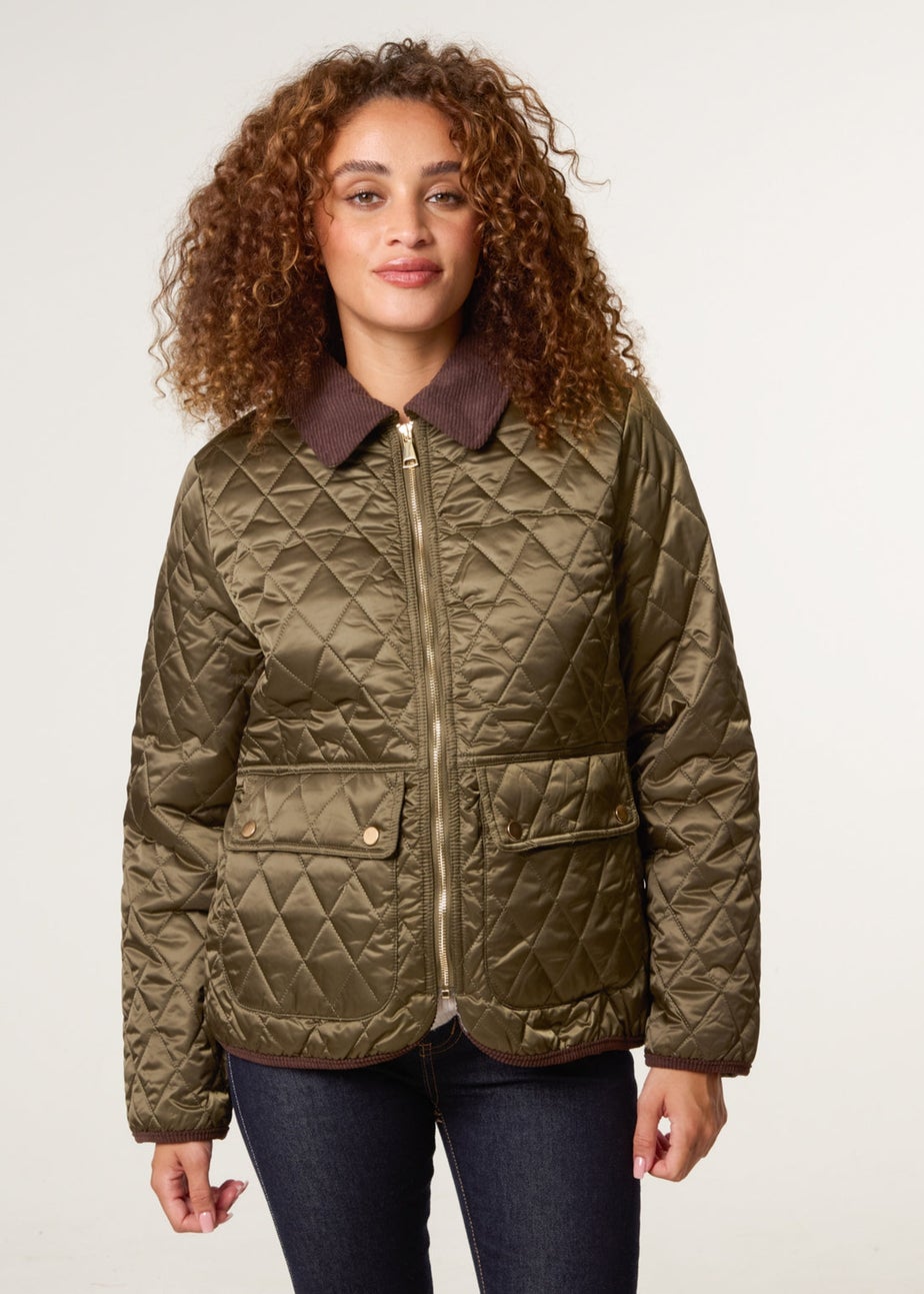 Blue Vanilla Khaki Diamond Quilted Cord Collar Coat