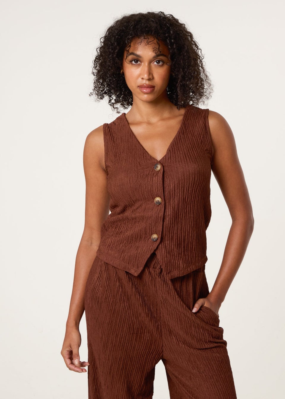 Blue Vanilla Brown Crinkle Button Front Waistcoat