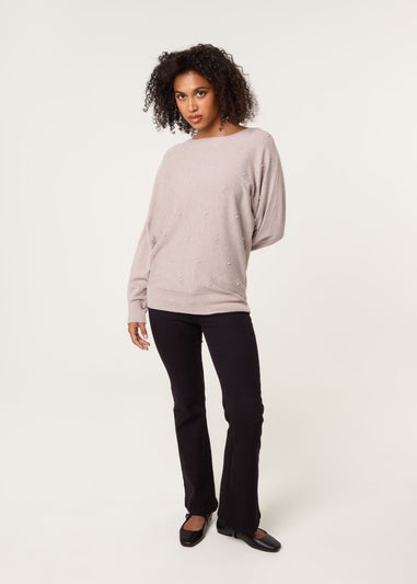 Blue Vanilla Beige Pearl Flower Detailed Soft Touch Jumper