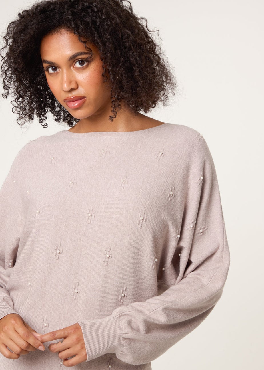 Blue Vanilla Beige Pearl Flower Detailed Soft Touch Jumper