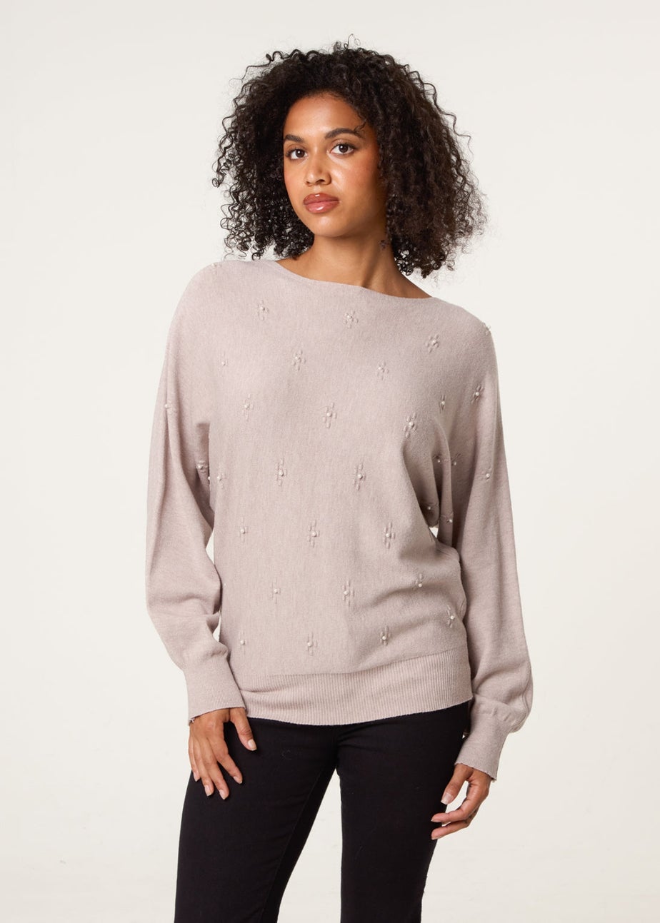 Blue Vanilla Beige Pearl Flower Detailed Soft Touch Jumper