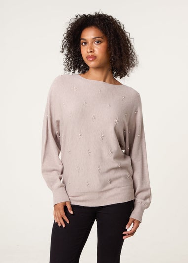 Blue Vanilla Beige Pearl Flower Detailed Soft Touch Jumper