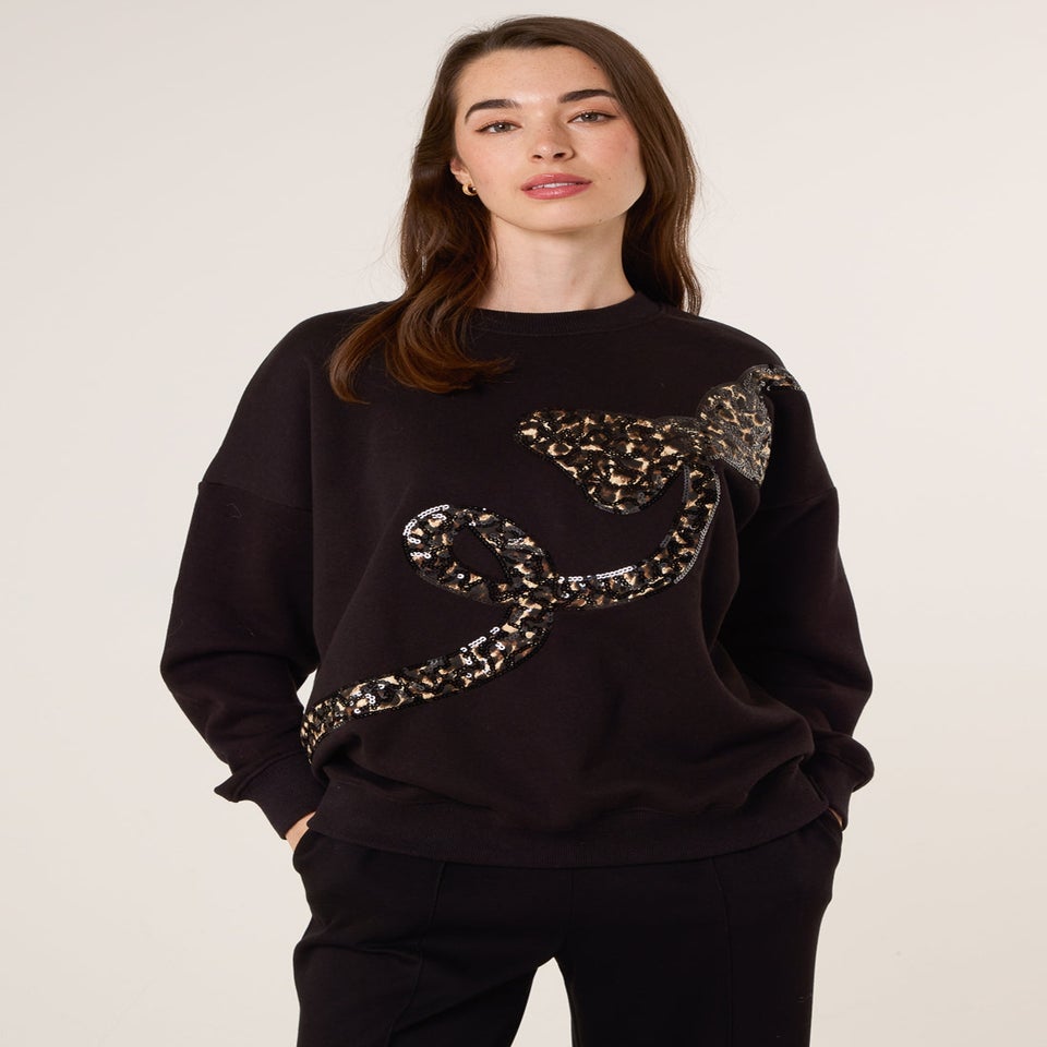 Blue Vanilla Black Leopard And Sequin Bow Sweatshirt