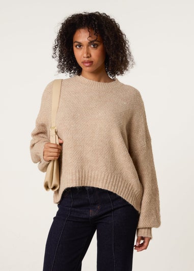 Blue Vanilla Beige Round Neck Sequin Detailed Jumper