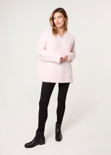Blue Vanilla Pink Lace Trim V Neck Jumper