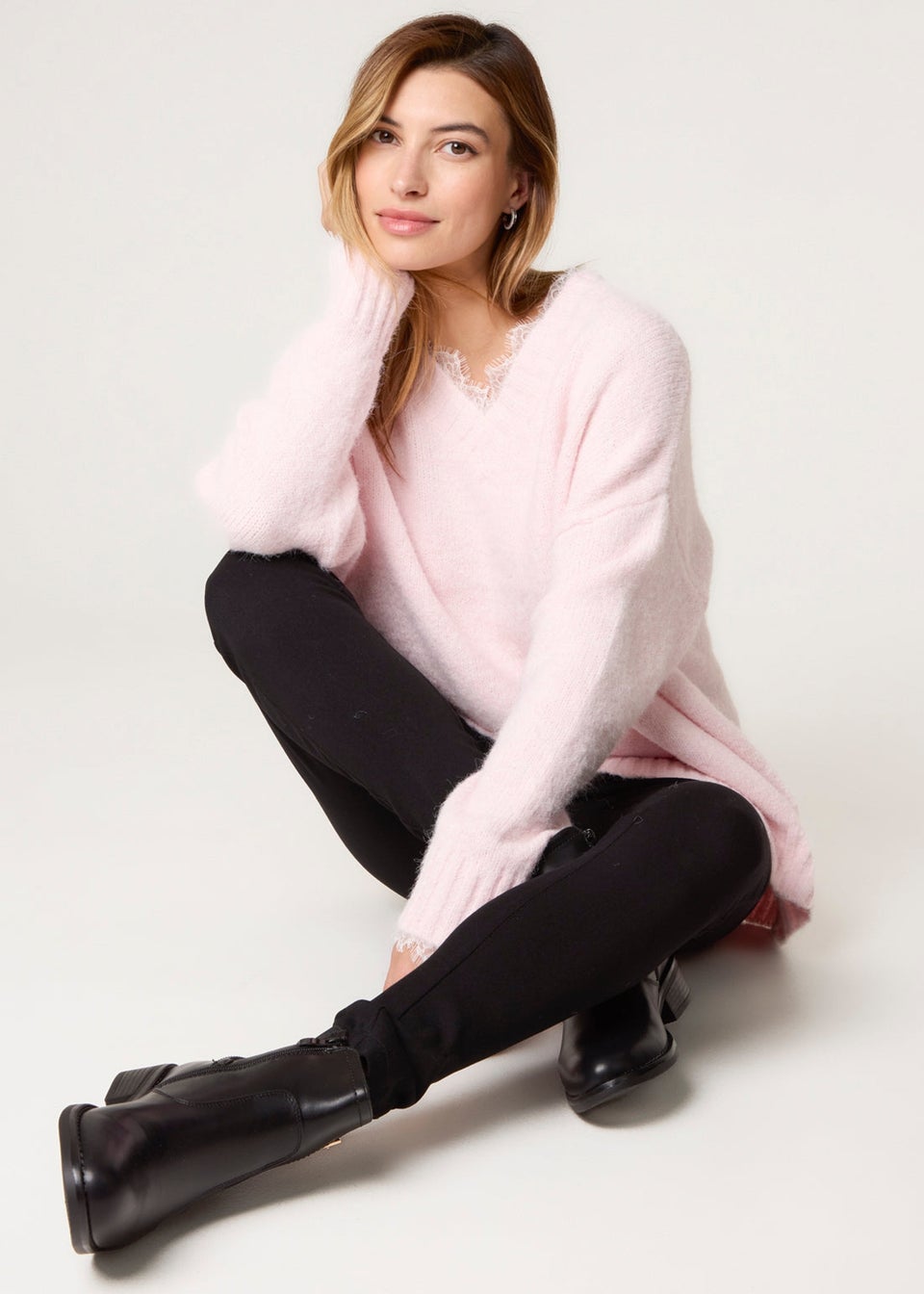 Blue Vanilla Pink Lace Trim V Neck Jumper