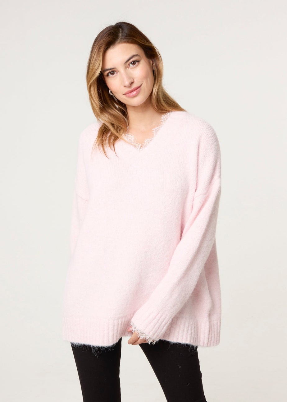 Blue Vanilla Pink Lace Trim V Neck Jumper