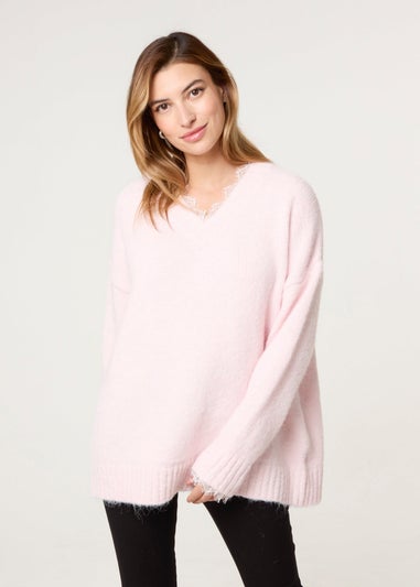 Blue Vanilla Pink Lace Trim V Neck Jumper