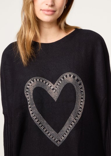 Blue Vanilla Black Heart Diamante Oversized Jumper