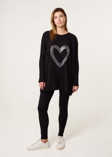 Blue Vanilla Black Heart Diamante Oversized Jumper