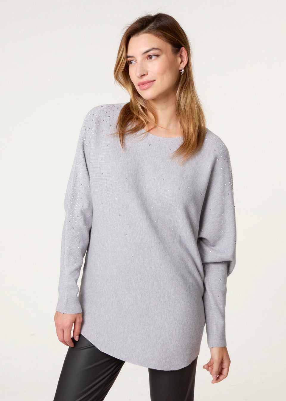 Blue Vanilla Grey Long Sleeve Diamante Detailed Batwing Jumper