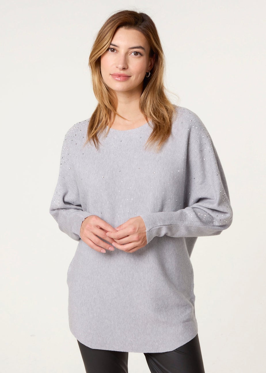 Blue Vanilla Grey Long Sleeve Diamante Detailed Batwing Jumper