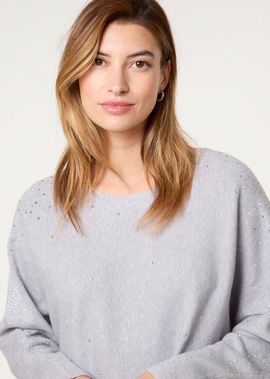 Blue Vanilla Grey Long Sleeve Diamante Detailed Batwing Jumper