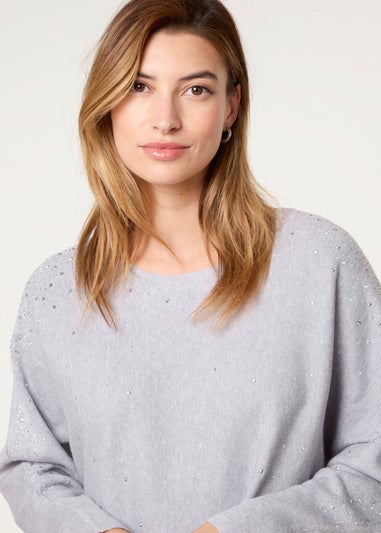 Blue Vanilla Grey Long Sleeve Diamante Detailed Batwing Jumper