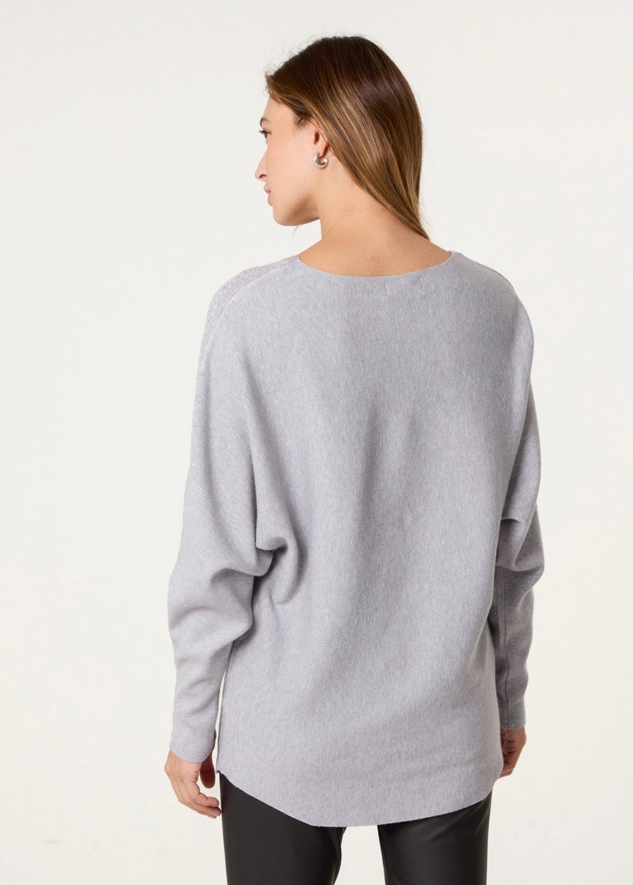 Blue Vanilla Grey Long Sleeve Diamante Detailed Batwing Jumper