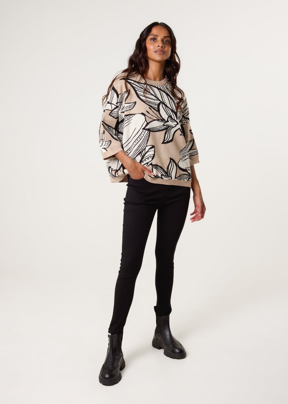 Blue Vanilla Beige Flower Pattern Jumper