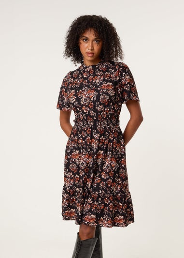 Blue Vanilla Black Frill Neck Shirred Waist Mini Dress