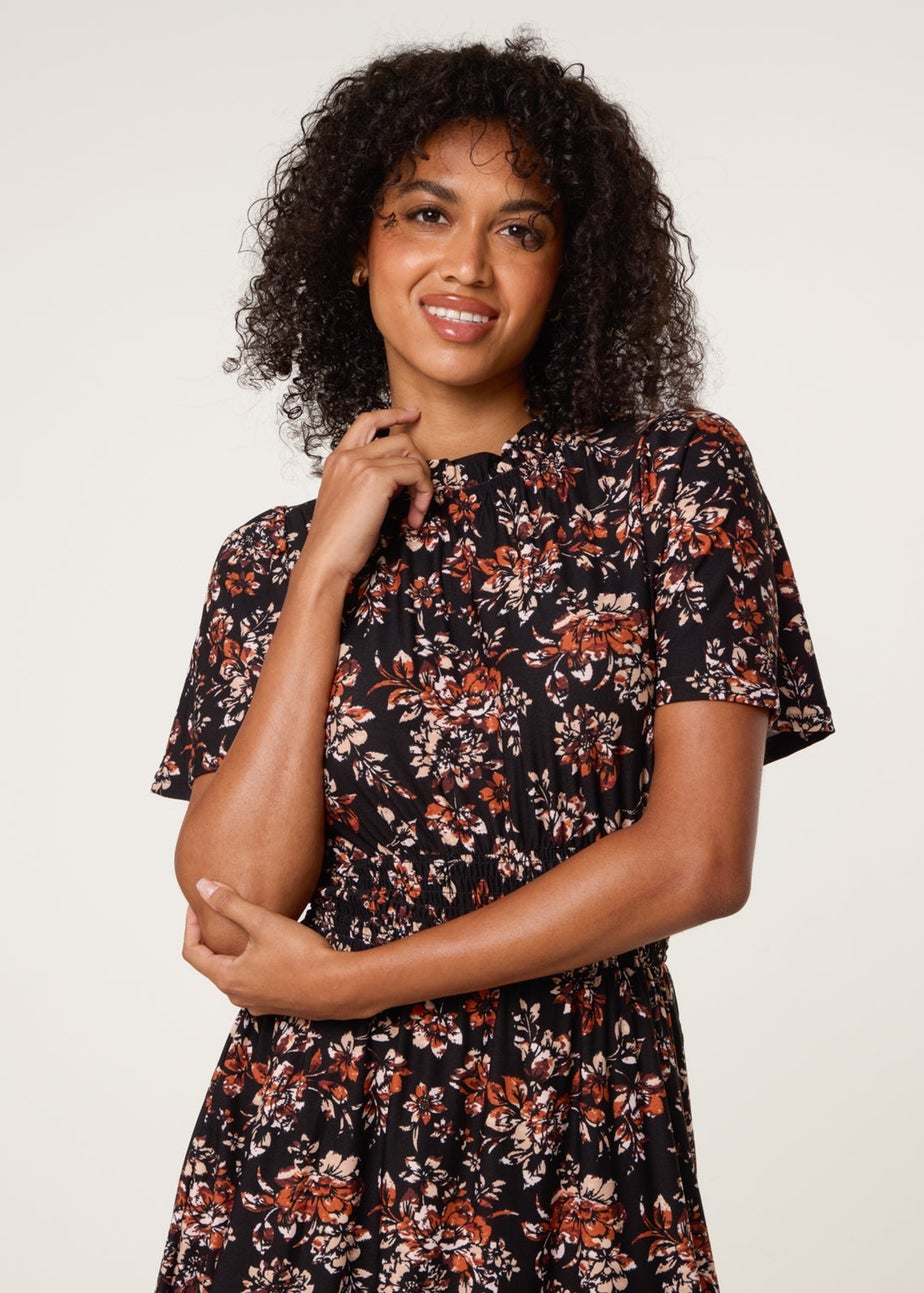 Blue Vanilla Black Frill Neck Shirred Waist Mini Dress