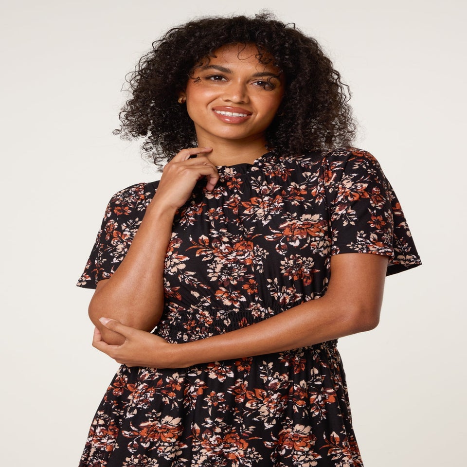 Blue Vanilla Black Frill Neck Shirred Waist Mini Dress