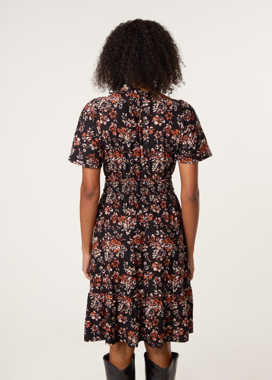 Blue Vanilla Black Frill Neck Shirred Waist Mini Dress