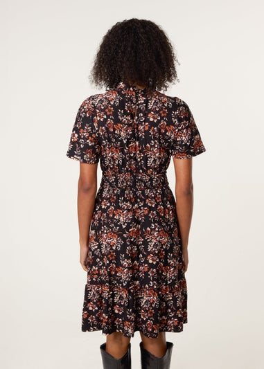 Blue Vanilla Black Frill Neck Shirred Waist Mini Dress