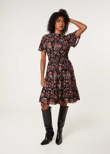 Blue Vanilla Black Frill Neck Shirred Waist Mini Dress