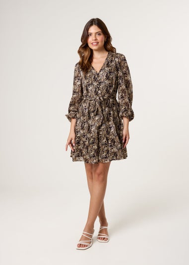 Blue Vanilla Black Button Up Belted Chiffon Mini Dress