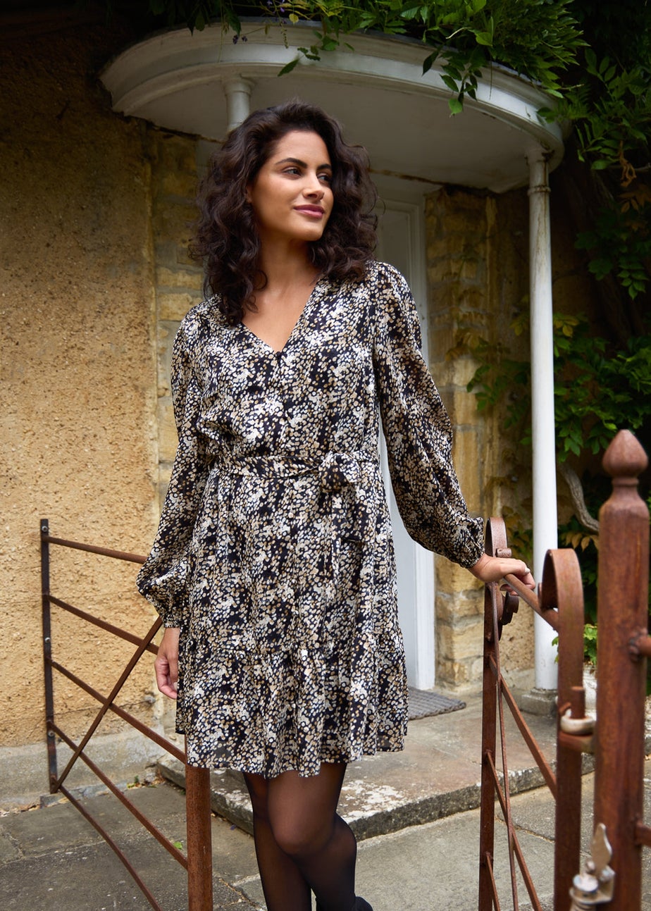 Blue Vanilla Black Button Up Belted Chiffon Mini Dress