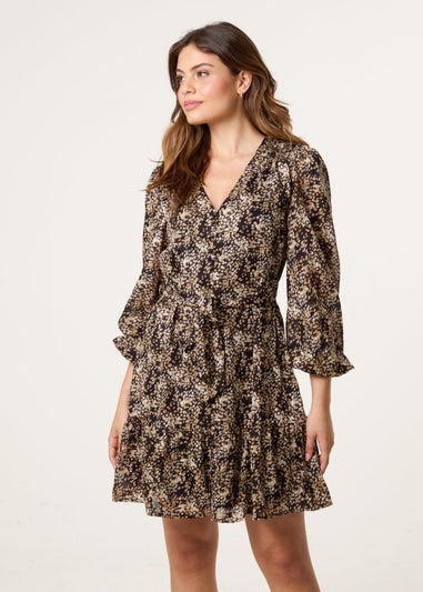 Blue Vanilla Black Button Up Belted Chiffon Mini Dress