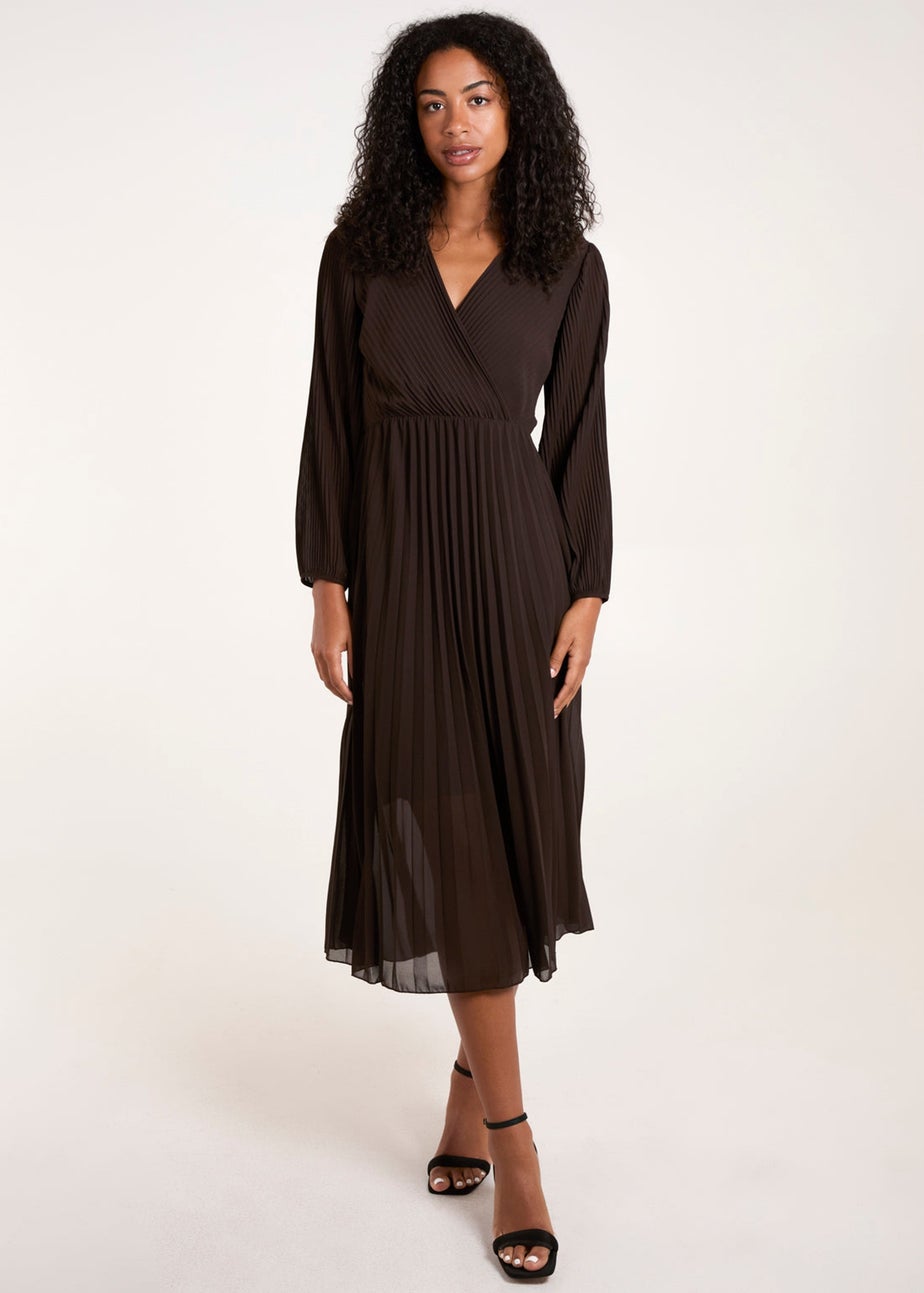 Blue Vanilla Brown Wrap Front Pleated Midi Dress