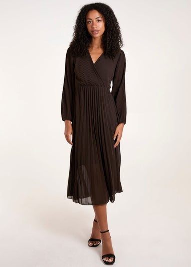 Blue Vanilla Brown Wrap Front Pleated Midi Dress