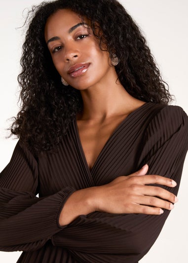 Blue Vanilla Brown Wrap Front Pleated Midi Dress