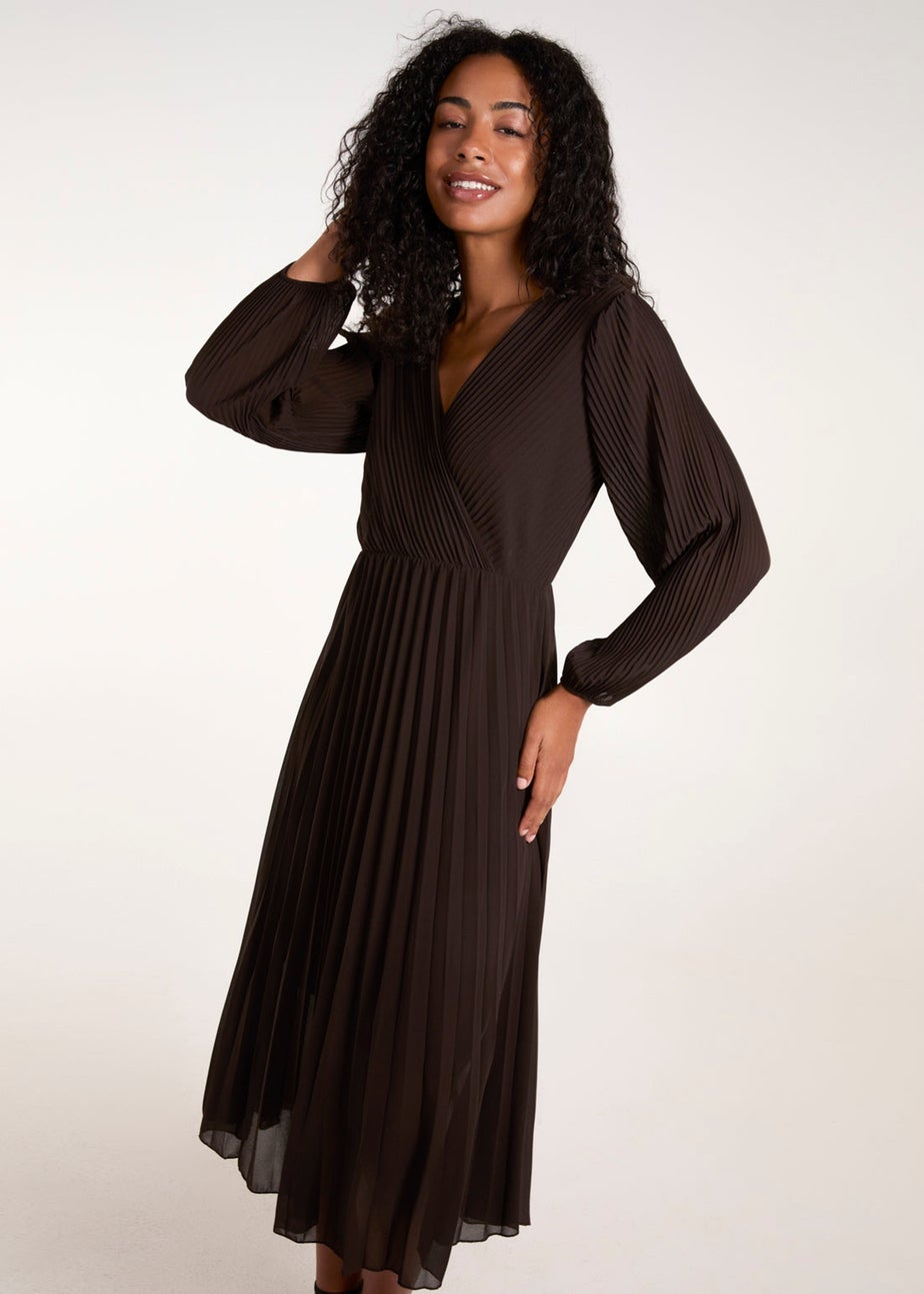 Blue Vanilla Brown Wrap Front Pleated Midi Dress