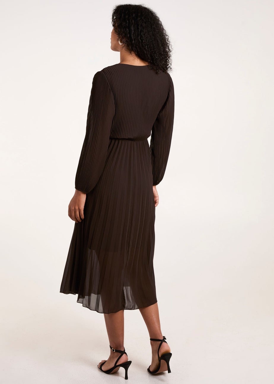Blue Vanilla Brown Wrap Front Pleated Midi Dress