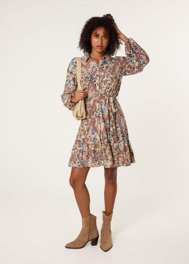 Blue Vanilla Beige Belted Mini Shirt Dress