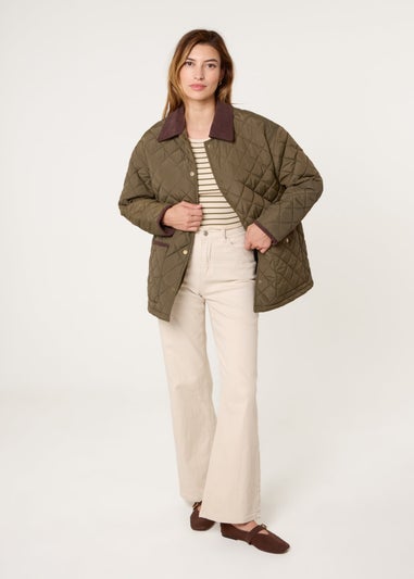 Blue Vanilla Khaki Diamond Quilted Oversized Coat