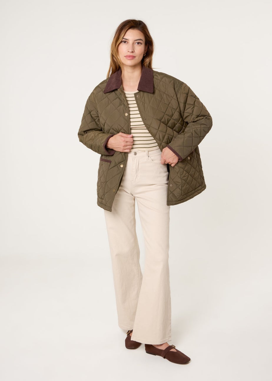 Blue Vanilla Khaki Diamond Quilted Oversized Coat
