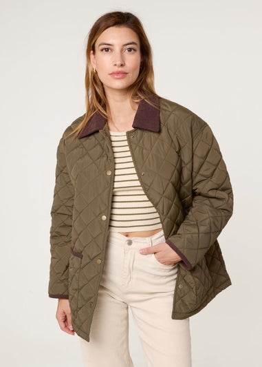 Blue Vanilla Khaki Diamond Quilted Oversized Coat
