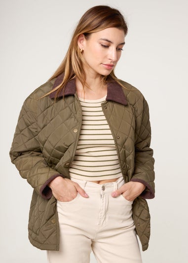 Blue Vanilla Khaki Diamond Quilted Oversized Coat