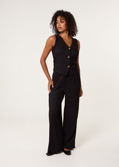 Blue Vanilla Black Crinkle Elasticated Waist Wide Leg Trousers